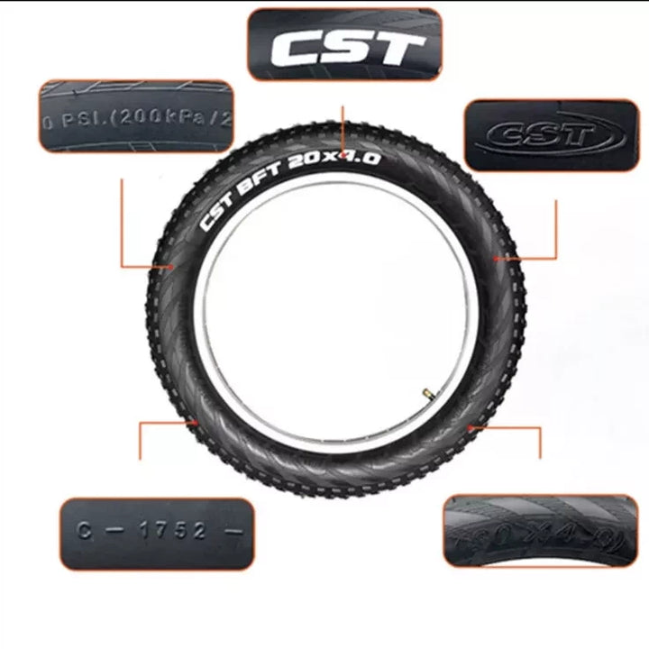 Detailed sidewall view of CST BFT 20x4.0 tyre showcasing wire bead construction.