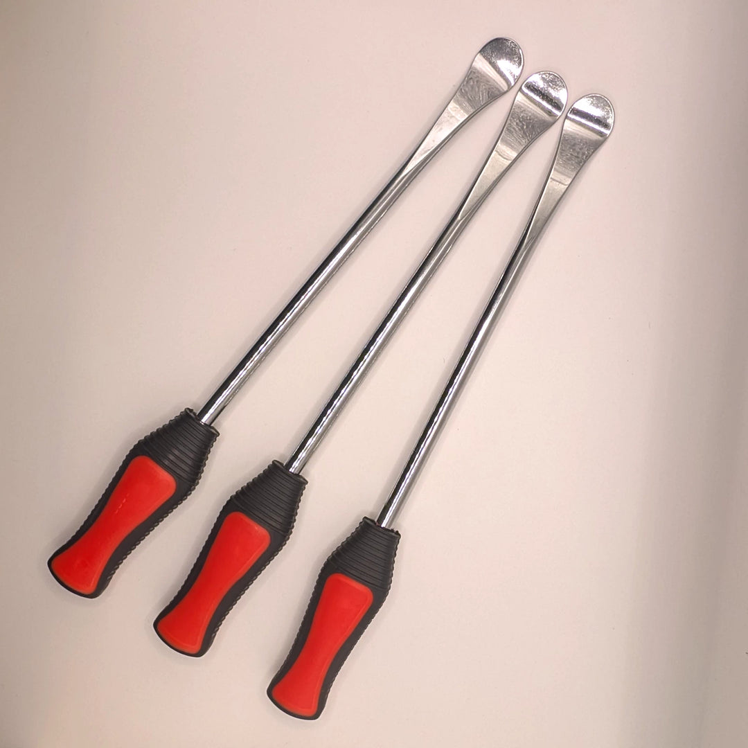 Metal tyre lever set arranged in a fan, showing curved tips and moulded red and black grips