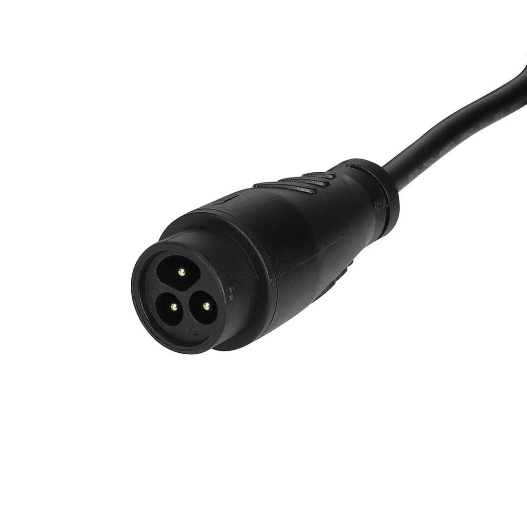 Close-up of the genuine Dualtron LP16-3P charging connector on the Original Minimotors 42V 1.5A charger.
