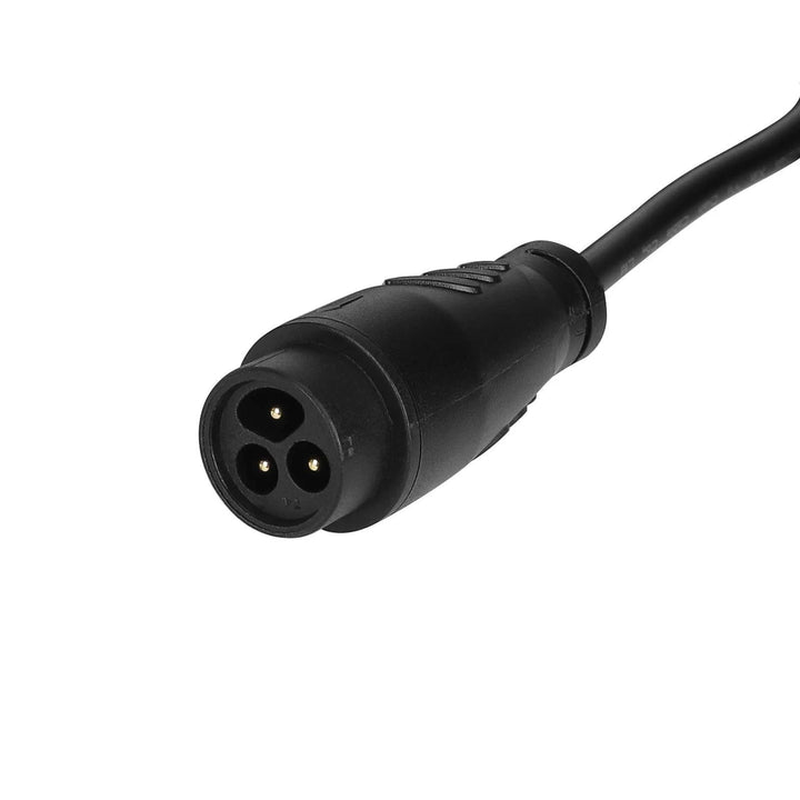 Close-up of the genuine Dualtron LP16-3P charging connector on the Original Minimotors 42V 1.5A charger.