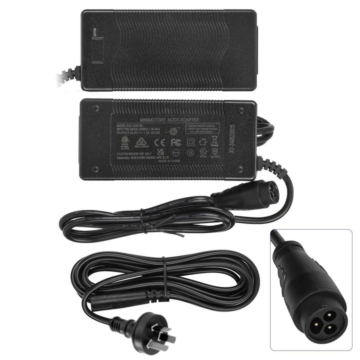 Original Minimotors 42V 1.5A charger supplied with Australian mains plug and Dualtron LP16-3P connector.