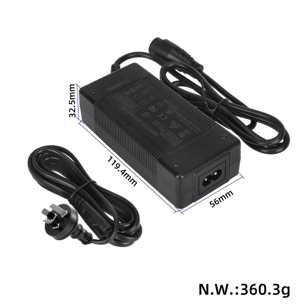 Original Minimotors 42V 1.5A charger for Dualtron TOGO showing overall dimensions and Australian plug.