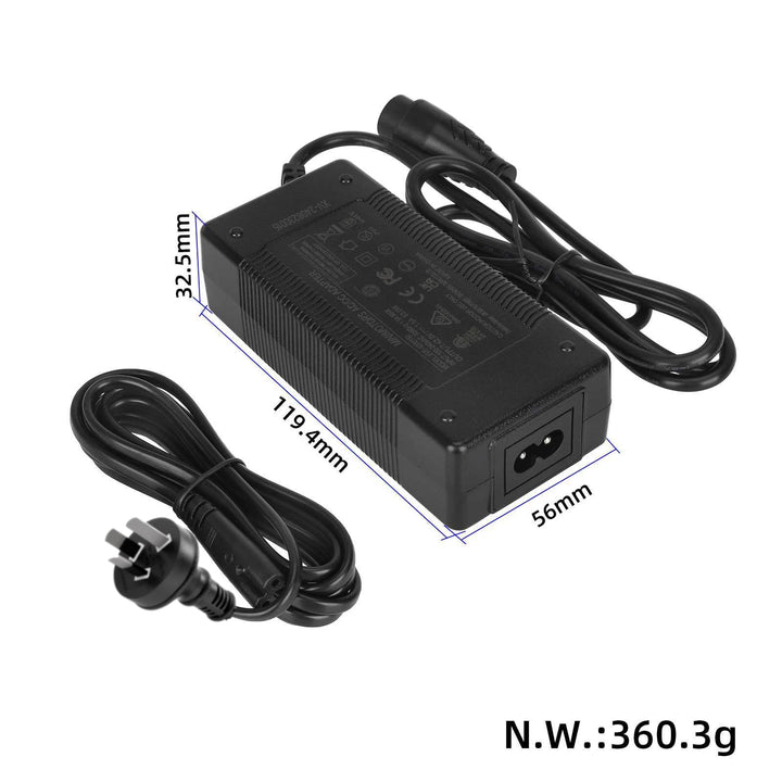 Original Minimotors 42V 1.5A charger for Dualtron TOGO showing overall dimensions and Australian plug.