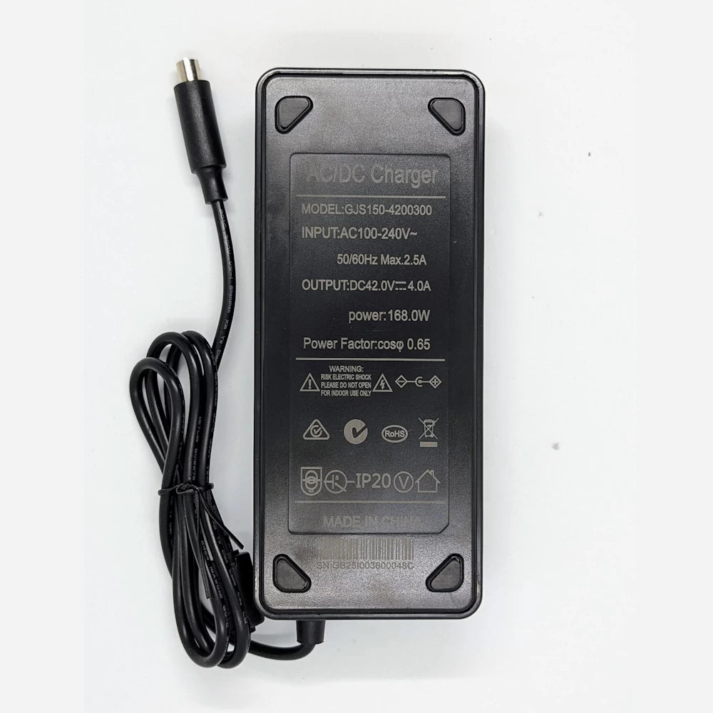 Base of the 42V 4A fast charger with clear printed specifications and certification label, for Xiaomi and Ninebot scooters