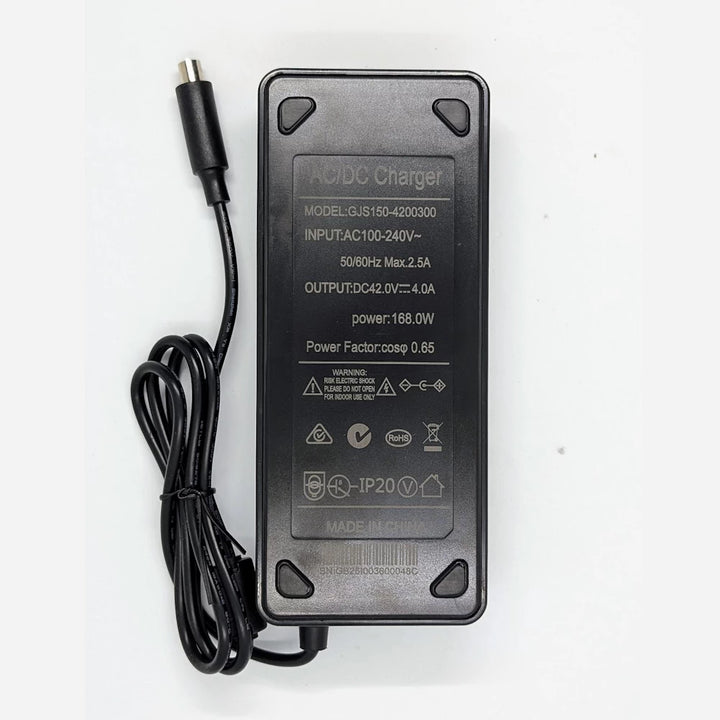 Base of the 42V 4A fast charger with clear printed specifications and certification label, for Xiaomi and Ninebot scooters