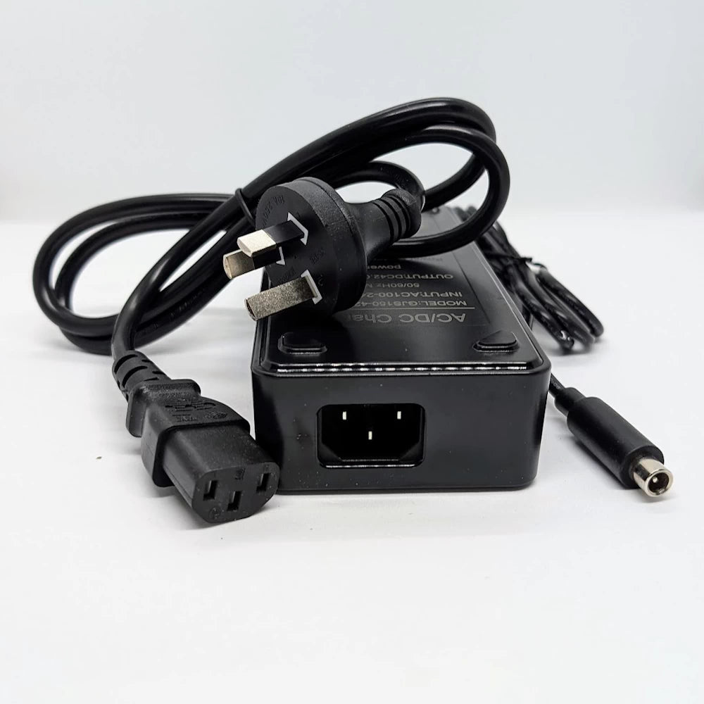 Australian power plug with IEC320-C14 connection, and the Xiaomi and Ninebot compatible output plug of the 42V 4A fast charger.