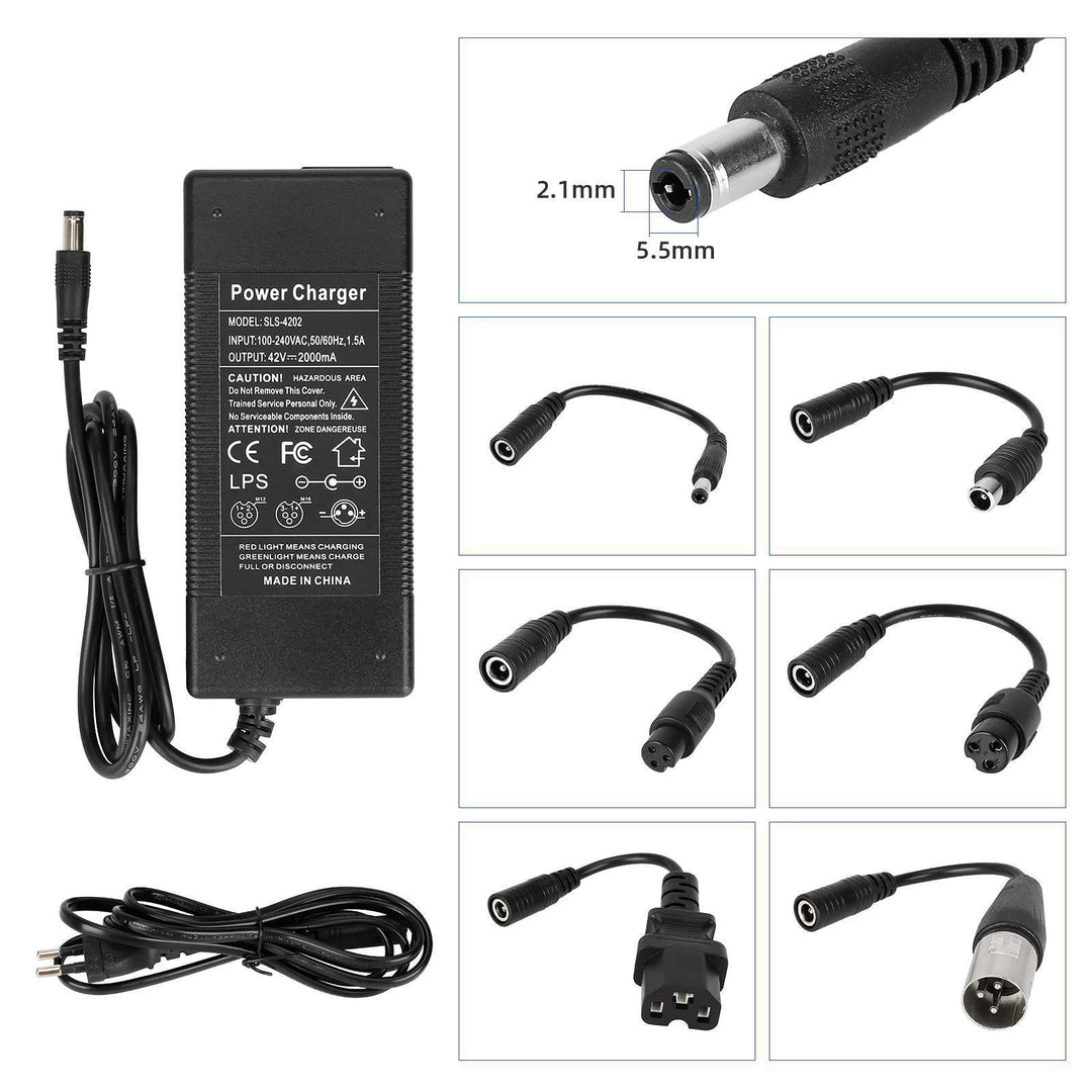 42V 2A electric scooter charger with 6 interchangeable charging plug adapters