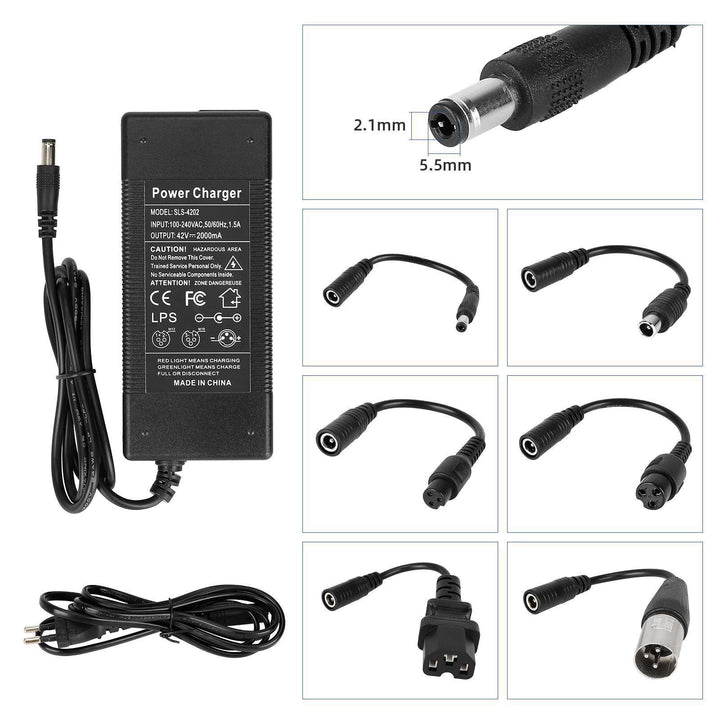 42V 2A electric scooter charger with 6 interchangeable charging plug adapters
