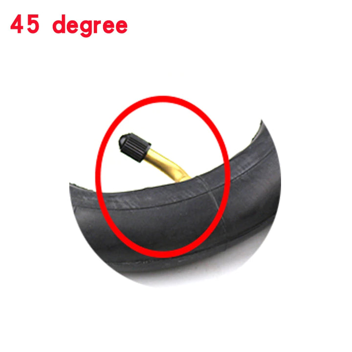 Close up view of 45 degree valve inner tube for electric scooters and bikes. Optimized for angled fitment and easier access to inflate tyres.