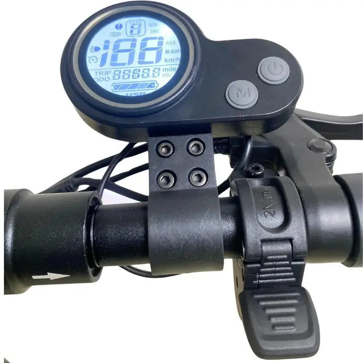48V EMOVE Touring thumb throttle and LCD display installed on scooter handlebars.