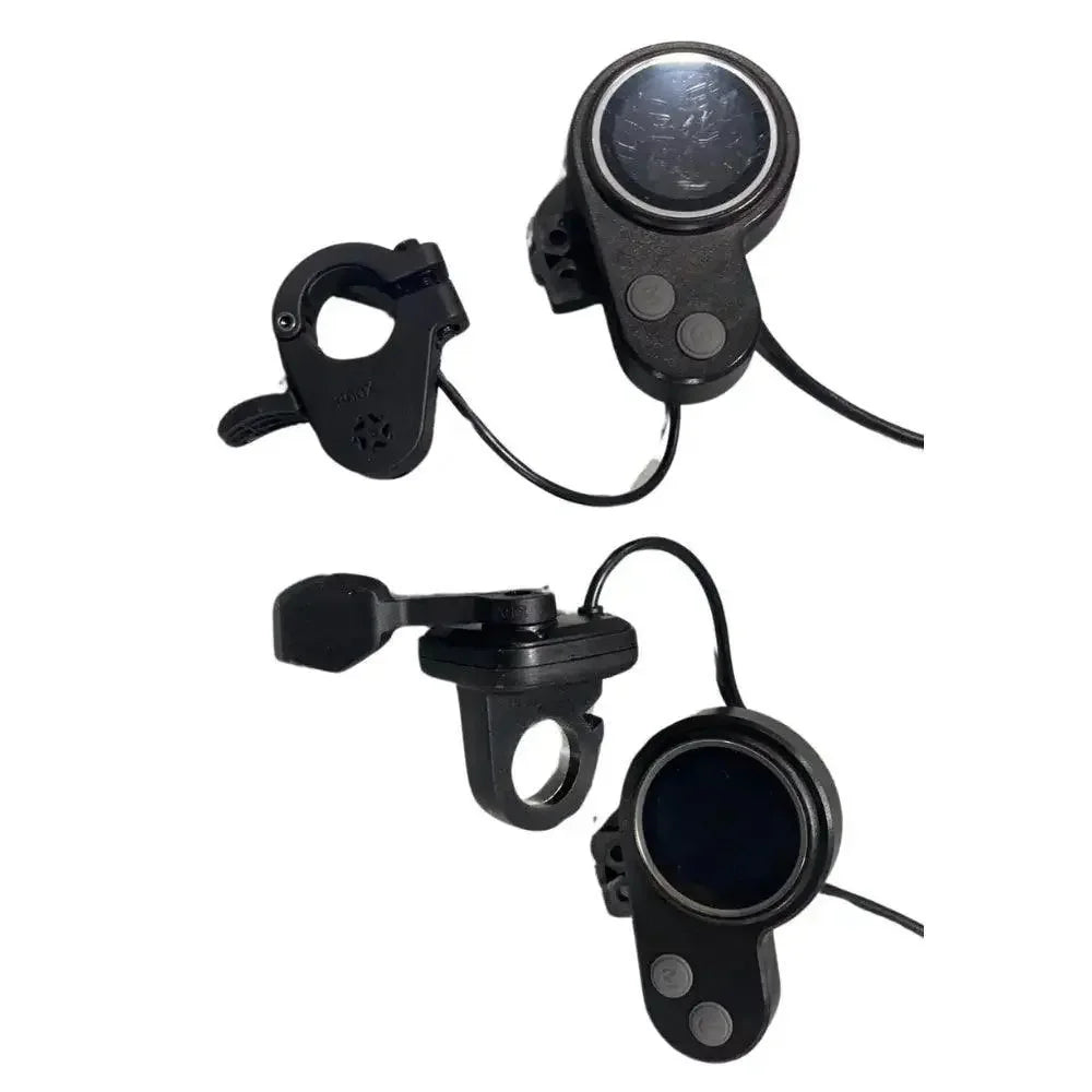 Multiple views of the OEM 48V vertical thumb throttle and LCD display assembly for EMOVE Touring.
