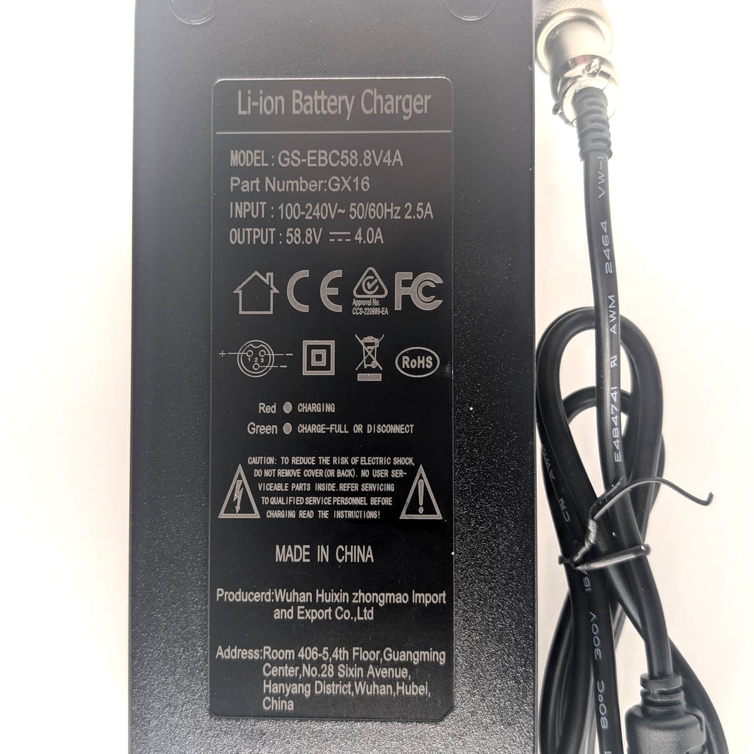 Charger rating label showing 100–240V input, 58.8V 4A output and printed compliance markings.