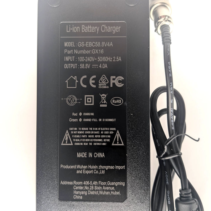 Charger rating label showing 100–240V input, 58.8V 4A output and printed compliance markings.