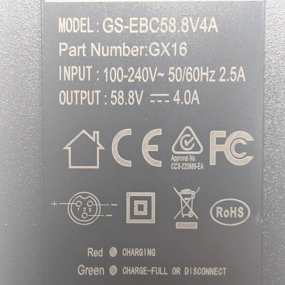 GS-EBC58.8V4A label showing pin 1 positive, pins 2 and 3 negative, and charging indicator information and RCM, CE and FCC Certification,