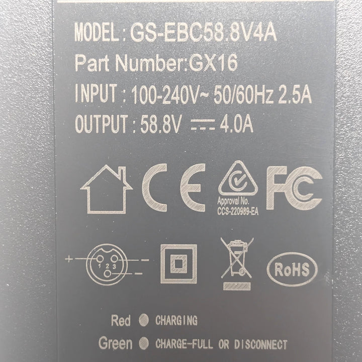 GS-EBC58.8V4A label showing pin 1 positive, pins 2 and 3 negative, and charging indicator information and RCM, CE and FCC Certification,