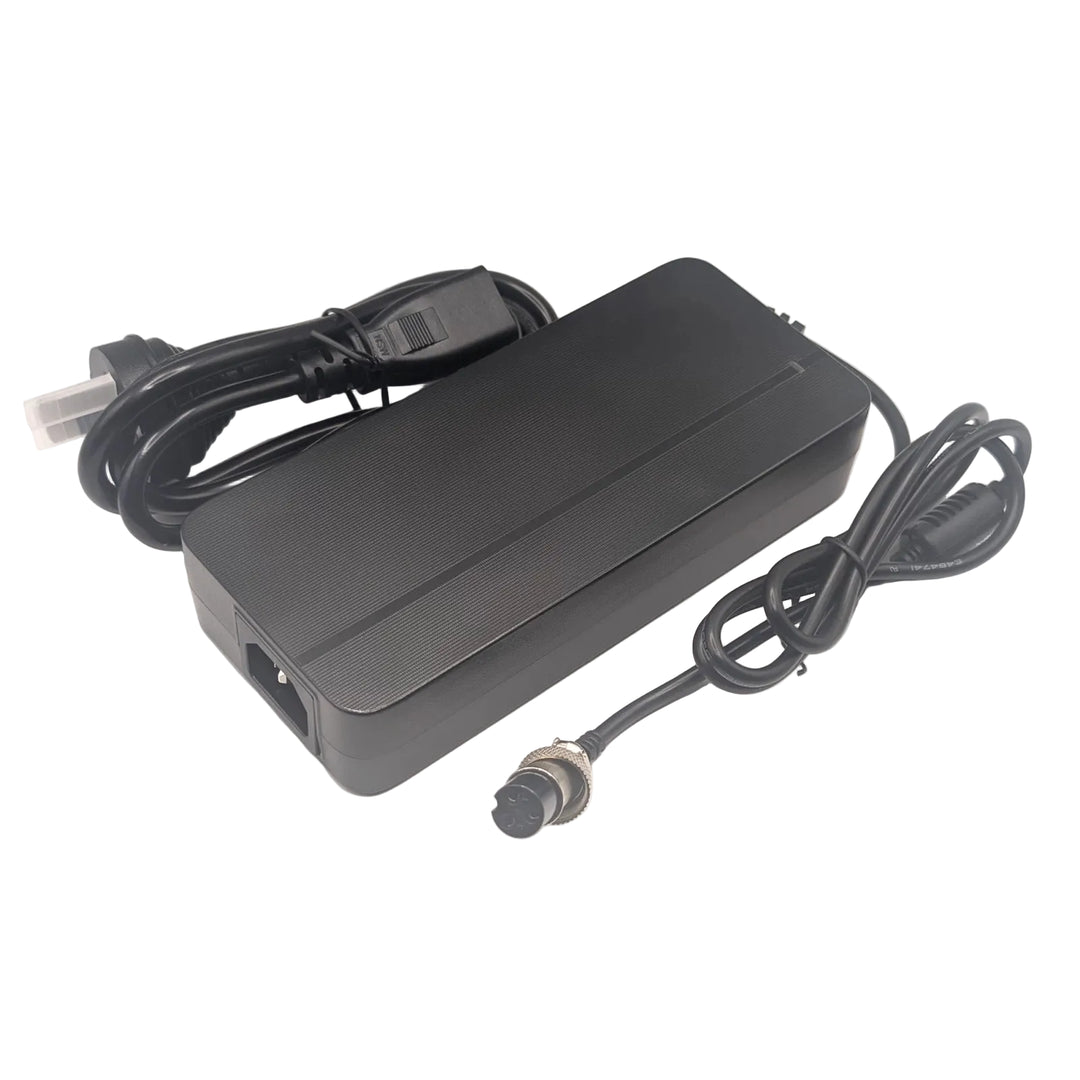 Angled view of the 52V fast charger with coiled cables and threaded GX16-3 charging plug.