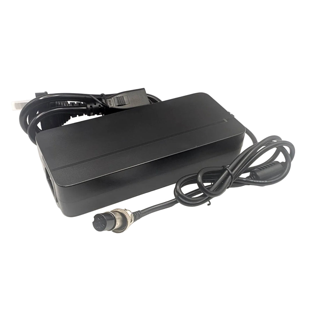 Black 52V scooter fast charger with GX16-3 female connector and detachable Australian mains lead