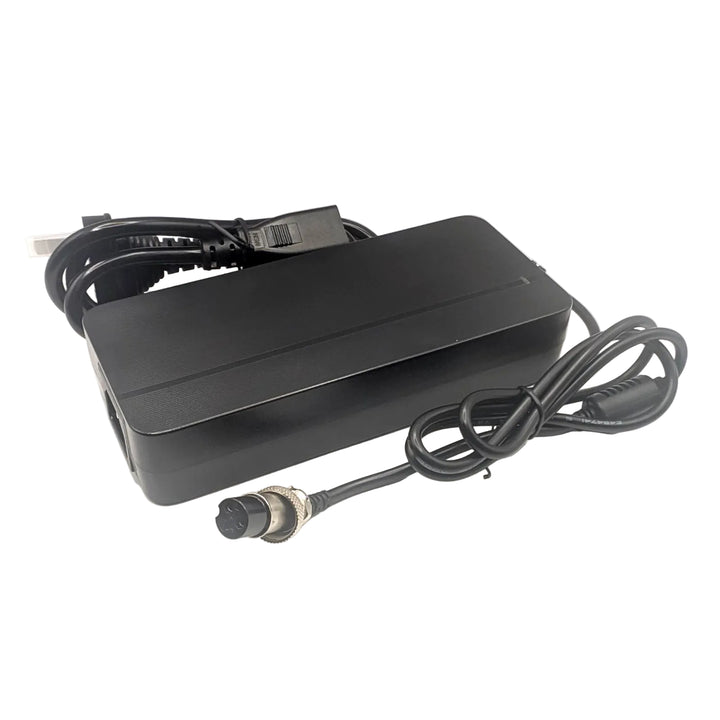 Black 52V scooter fast charger with GX16-3 female connector and detachable Australian mains lead