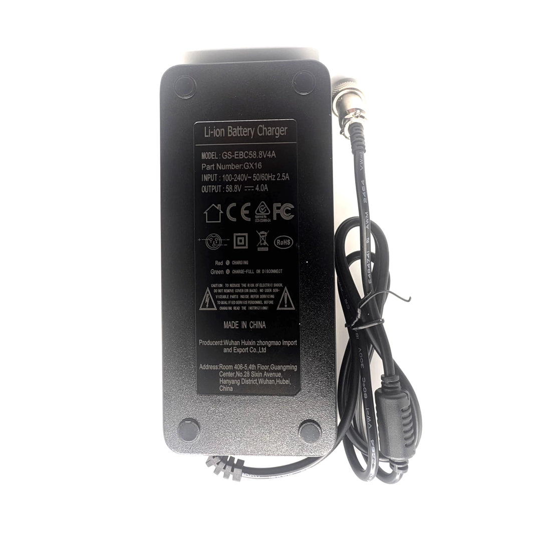 Rear view of the 52V scooter charger showing the specification label and coiled charging cable.