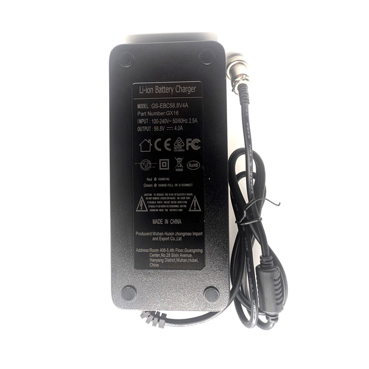 Rear view of the 52V scooter charger showing the specification label and coiled charging cable.