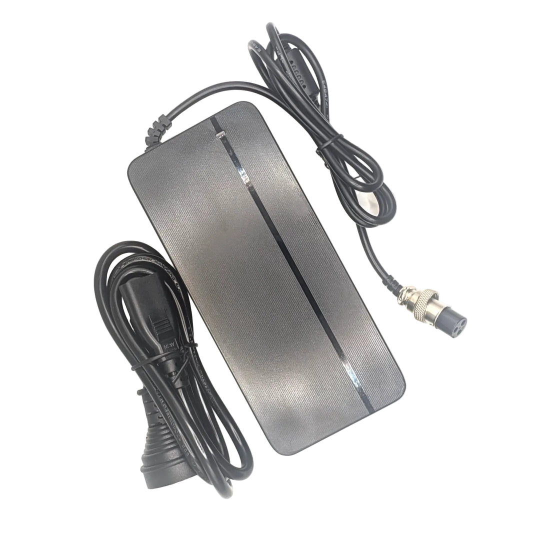 Top view of the 58.8V 4A charger with ribbed black housing, power lead and GX16 connector.