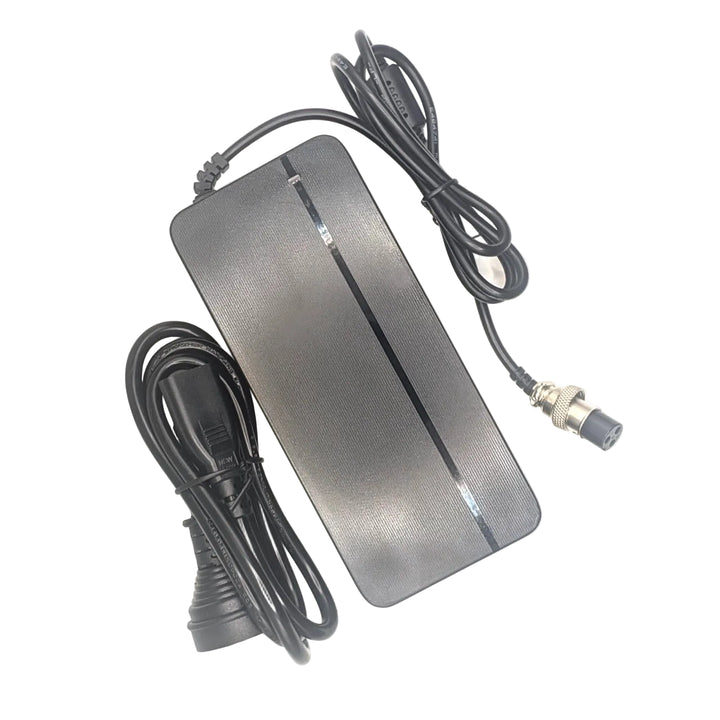 Top view of the 58.8V 4A charger with ribbed black housing, power lead and GX16 connector.
