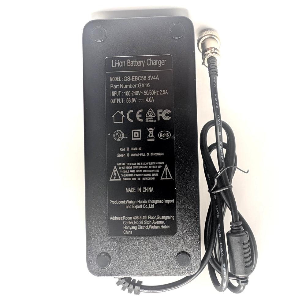 Underside of the GS-EBC58.8V4A charger showing its specification label and four support feet.