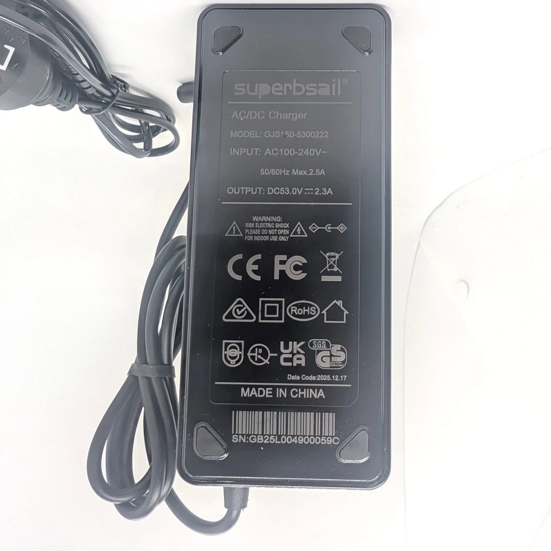 Superbsail 53V 2.3A charger specification label for Xiaomi Electric Scooter 4 Ultra