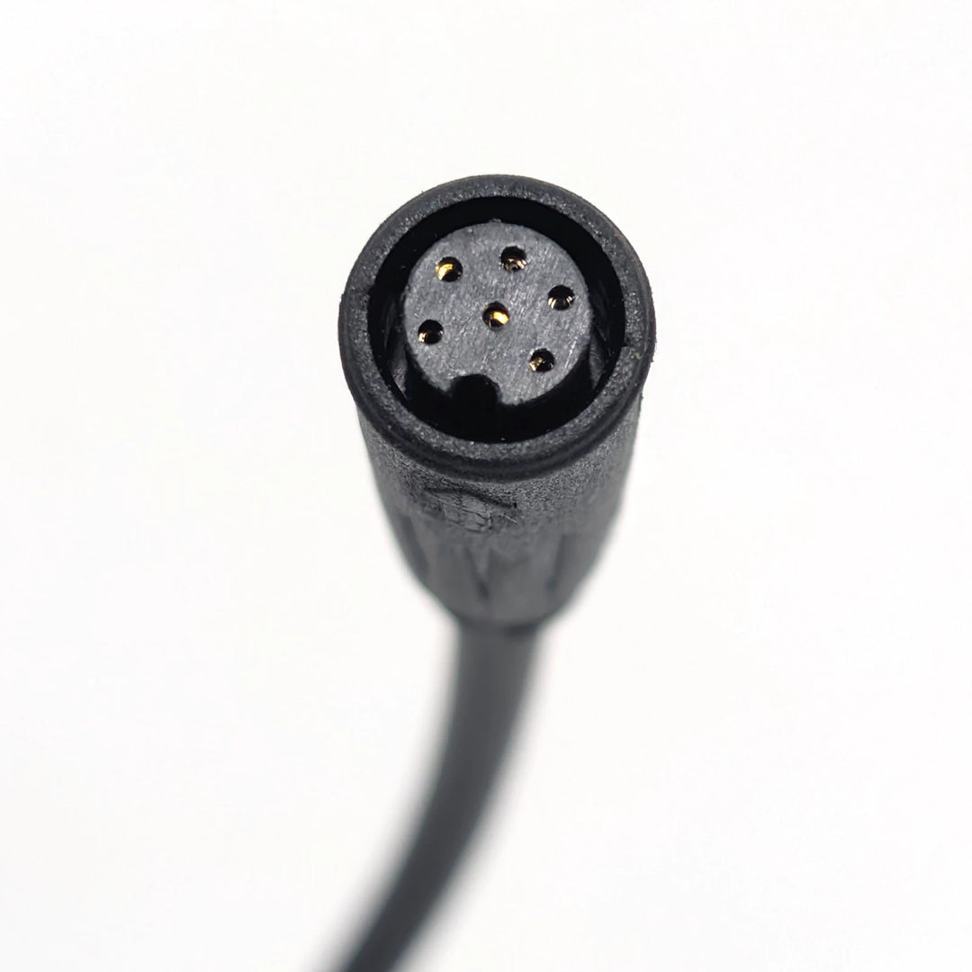 Close-up of the waterproof 6-pin female Julet connector on the OEM display cable for Bexly Blackhawk and Apollo Phantom V2.
