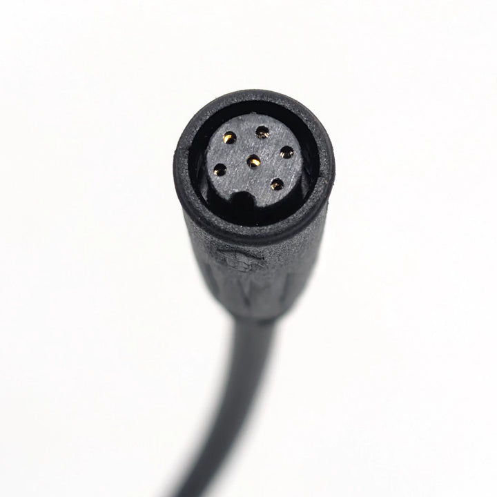 Close-up of the waterproof 6-pin female Julet connector on the OEM display cable for Bexly Blackhawk and Apollo Phantom V2.