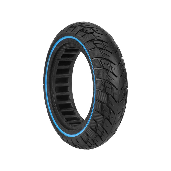Angled view of ULIP 10x2.5 airless scooter tyre with blue ring and internal cavities