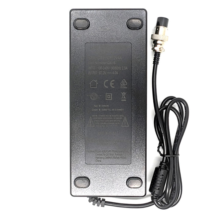 Bottom view of GS-EBC67.2V4A electric scooter charger with GX16-3 connector