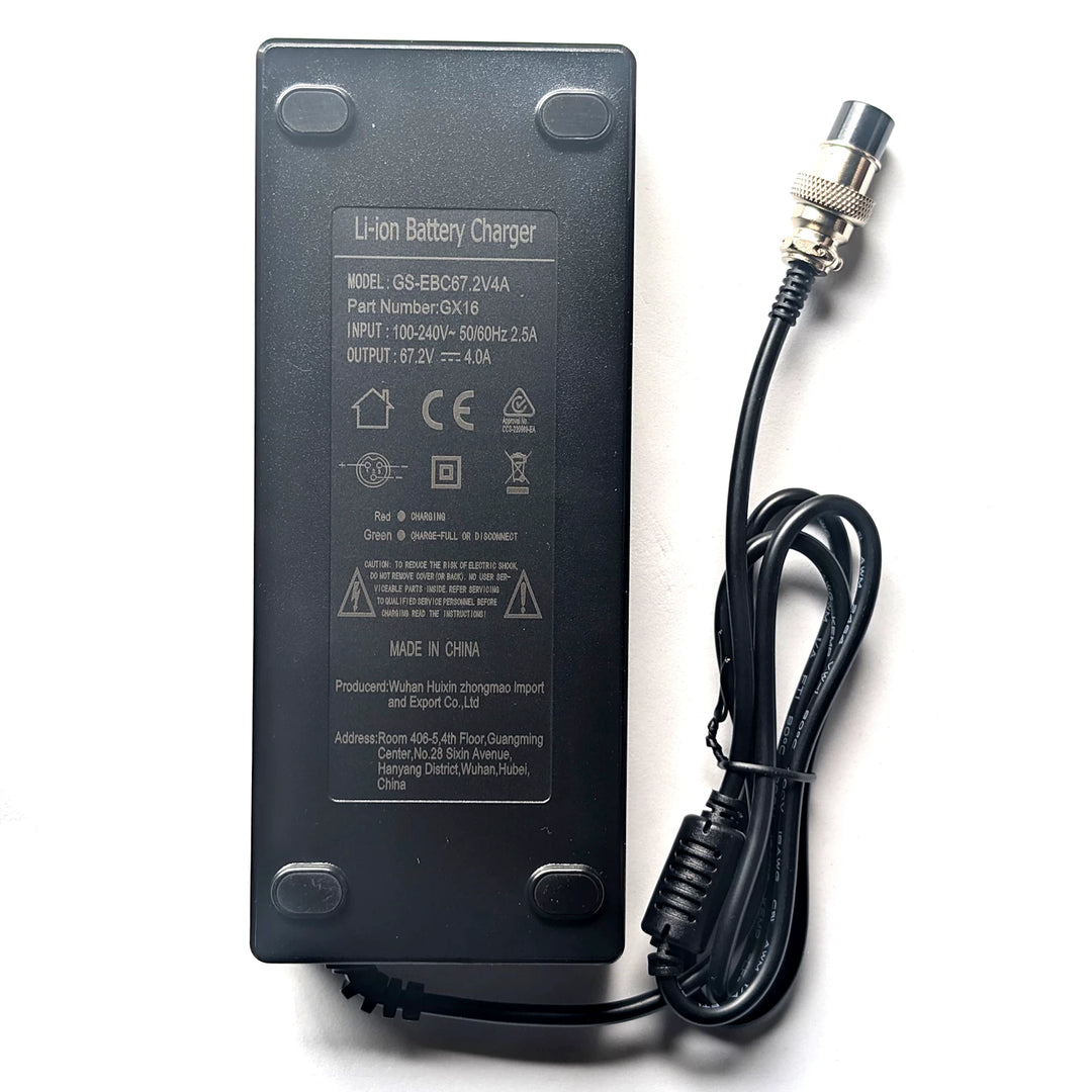 Bottom view of GS-EBC67.2V4A electric scooter charger with GX16-3 connector