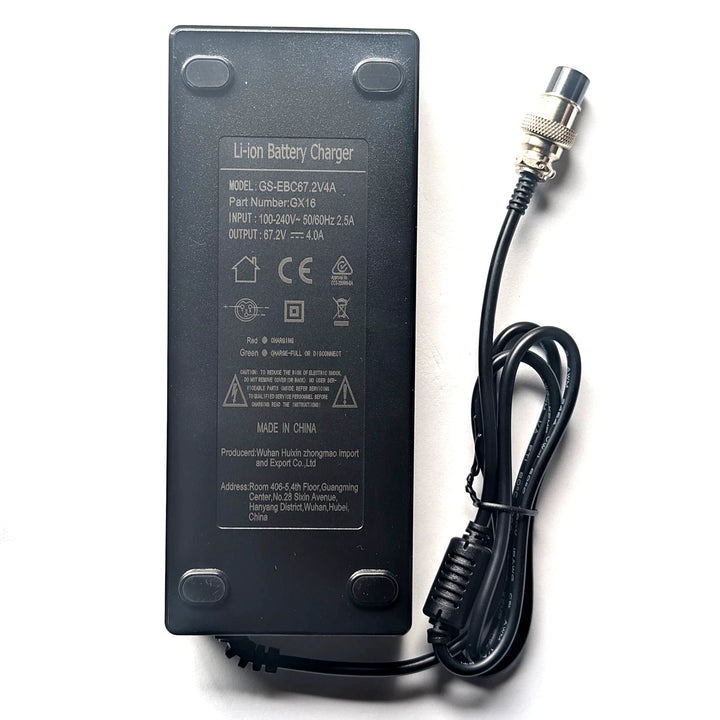 Bottom view of GS-EBC67.2V4A electric scooter charger with GX16-3 connector
