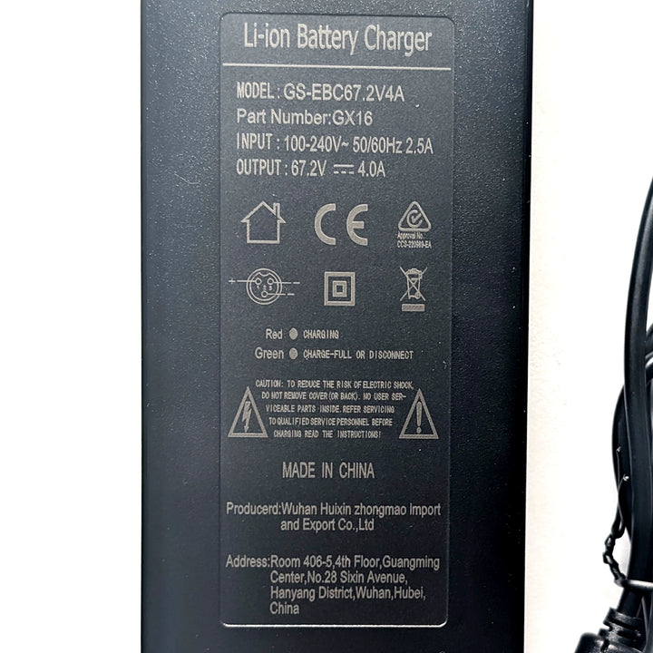 67.2V 4A GX16-3 electric scooter fast charger specification label showing model GS-EBC67.2V4A and RCM approval