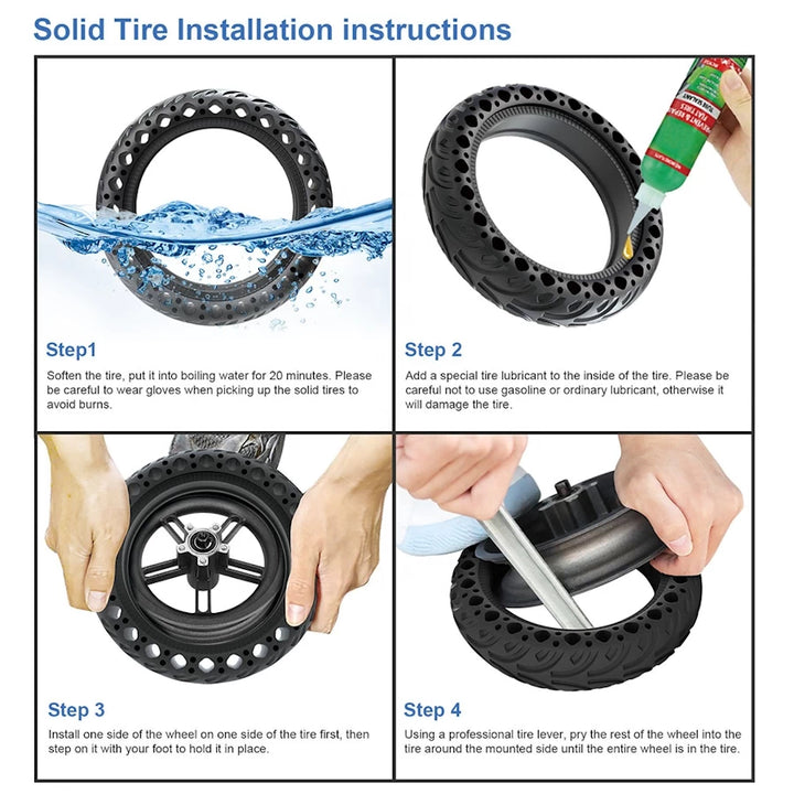 Step-by-step installation instructions for the 8.5x2 Solid Honeycomb Tyre for Xiaomi M365 scooter
