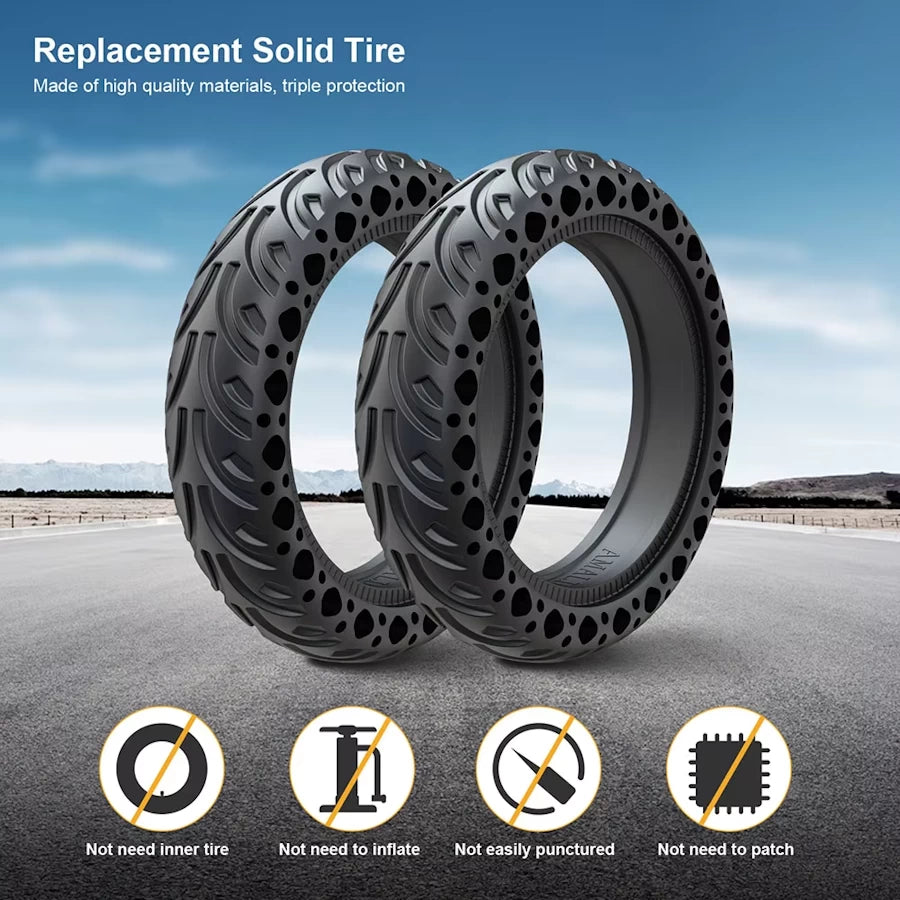Two 8.5x2 Solid Honeycomb Tyres displayed for Xiaomi M365 and GoTrax scooters