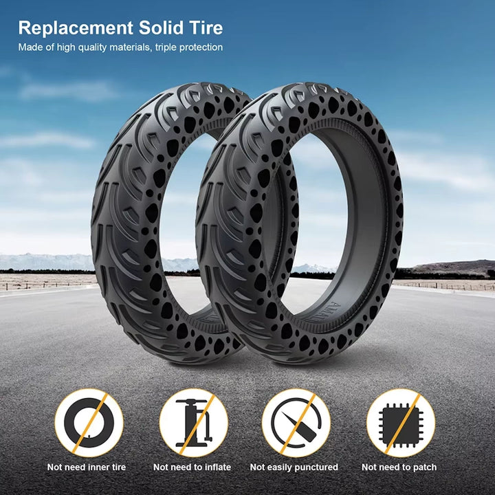 Two 8.5x2 Solid Honeycomb Tyres displayed for Xiaomi M365 and GoTrax scooters