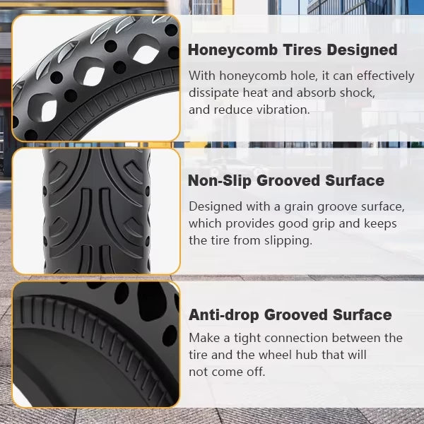 Honeycomb Tyre Features – Shock Absorbing, Non-Slip Grip and Anti-Drop Grooved surface for a secure connection to the wheel hub.