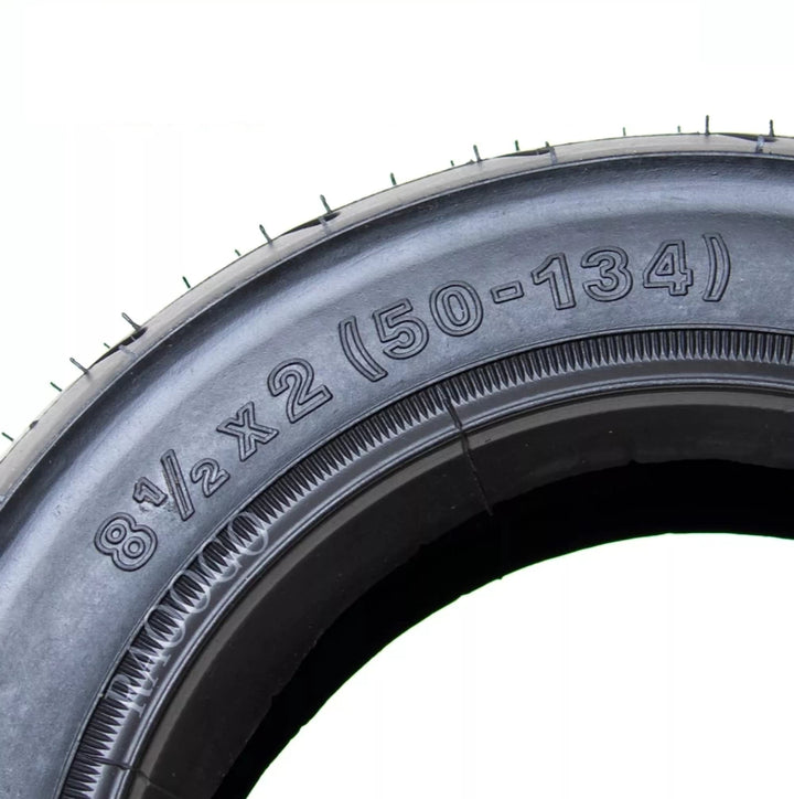 Close-up view of the 8.5 Inch 8 1/2x2 (50-134) outer tyre, showing detailed markings for compatibility with Grace Zero 8, Zero 9, T8, and T9 scooters.