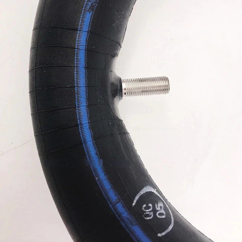 Close-up of straight valve on 8.5-inch Extra Thick Butyl inner tube, compatible with Xiaomi Mijia M365/Pro electric scooters.