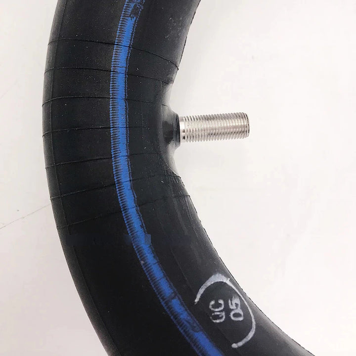 Close-up of straight valve on 8.5-inch Extra Thick Butyl inner tube, compatible with Xiaomi Mijia M365/Pro electric scooters.