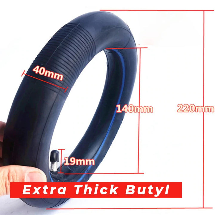 8.5-inch Extra Thick Butyl inner tube showing dimensions and a straight valve, compatible with Xiaomi Mijia M365/Pro scooters.