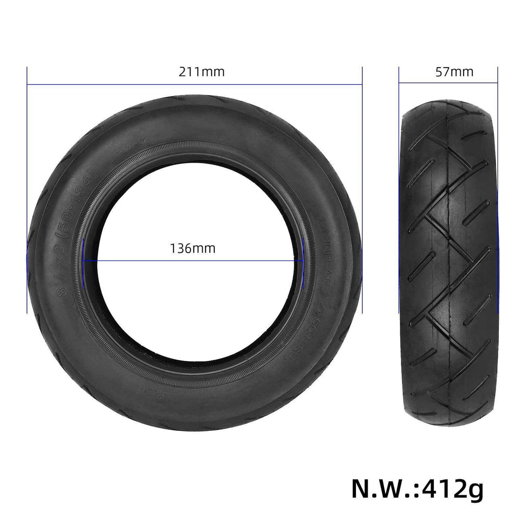 Dimensions of the 8.5x2 outer tyre for Grace, with a 211mm outer diameter, a 136mm inner diameter and a width of 57mm 