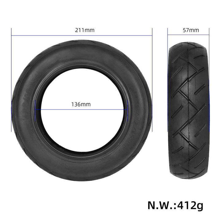 Dimensions of the 8.5x2 outer tyre for Grace, with a 211mm outer diameter, a 136mm inner diameter and a width of 57mm 