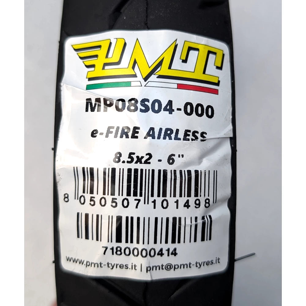 MT E-Fire AIRLESS 8.5x2 tyre product label with barcode and specifications