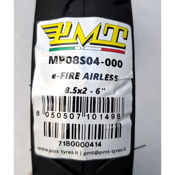 MT E-Fire AIRLESS 8.5x2 tyre product label with barcode and specifications
