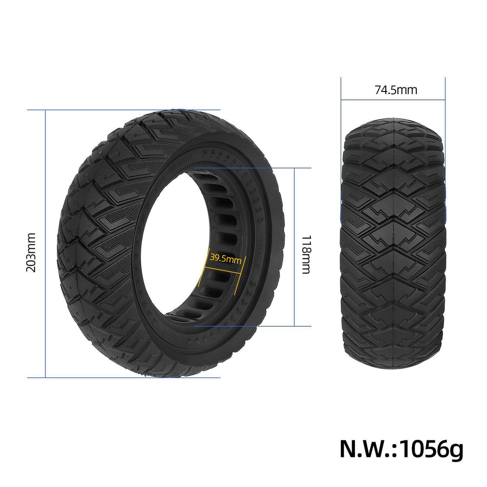 Dimensions of ULIP 8.5x3 solid honeycomb off-road tyre showing 203mm outer diameter, 118mm inner diameter and 39.5mm rim slot