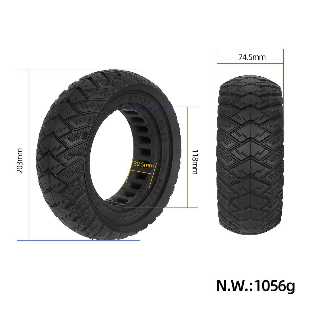 Dimensions of ULIP 8.5x3 solid honeycomb off-road tyre showing 203mm outer diameter, 118mm inner diameter and 39.5mm rim slot