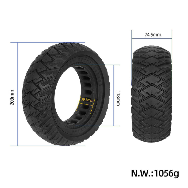 Dimensions of ULIP 8.5x3 solid honeycomb off-road tyre showing 203mm outer diameter, 118mm inner diameter and 39.5mm rim slot